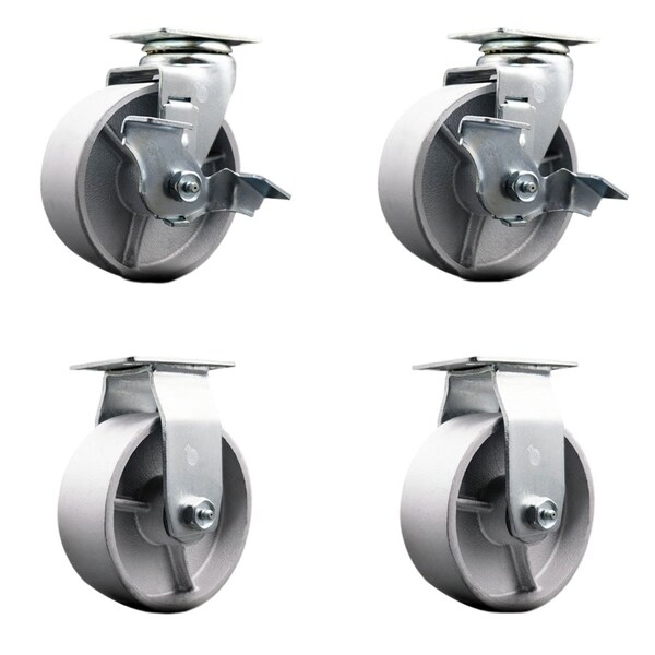 5'' Semi Steel Cast Iron Caster Set with Bronze Bearings 2 Brakes 2 Rigid, 4PK